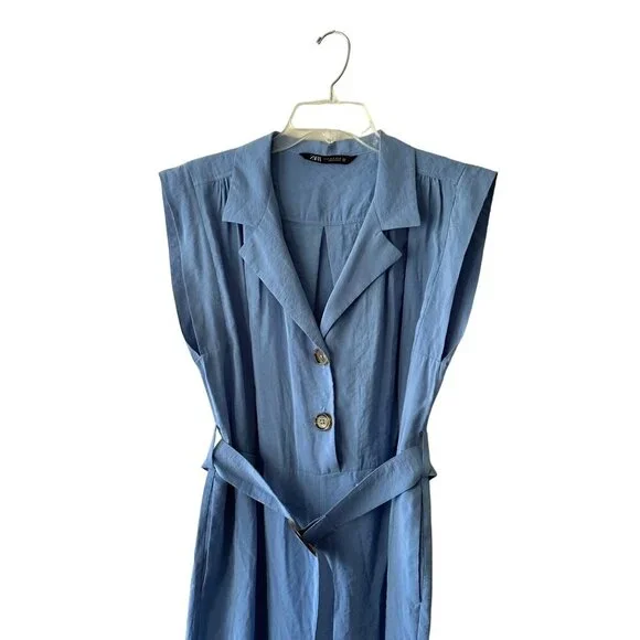 Zara Belted Jumpsuit Sleeveless Button Up Blue Size S